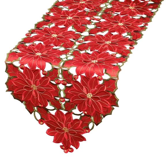 Christmas Poinsettia Table Runner with Handcrafted Cutwork Embroidered Red Flowers & Holly