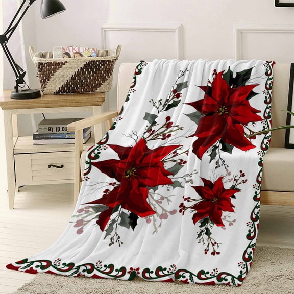 Christmas Poinsettia Throw Flannel Blanket 40x60In Winter Red Floral Pine Leaf Retro Farm Super Soft Cozy Bed Blanket, Lightweight Plush Fuzzy Bed Throw for Bedroom Sofa Couch Living Room