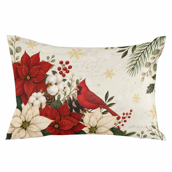 Christmas Poinsettia Throw Pillow Cover 12 x 20 Inch Decorative Pillow Cover Birds Xmas Botanical Snowflake Lumbar Pillowcase Seasonal Rectangle Cushion Case for Couch Sofa Bed Living Room