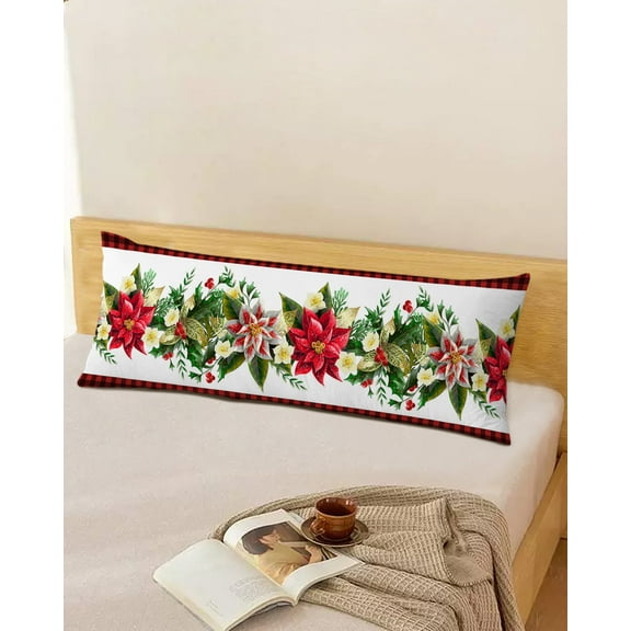 Christmas Poinsettia Throw Pillow Cover,Rural Floral Seasonal Winter Xmas Plaid Rectangle Decorative Pillow Case Protector Soft Cushion Cover Lumbar Pillowcase for Couch Sofa Bedroom Decor 20x54 Inch