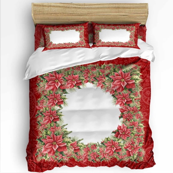 Christmas Poinsettia Twin Size Comforter Set, Vintage Red Holly Berry Greenery Red Soft Bedding for All Seasons, 4 Pcs Bed Set with 1 Comforter (68"x86") ,1Sheet(66"x116"), 2 Pillowcases (19"x29")