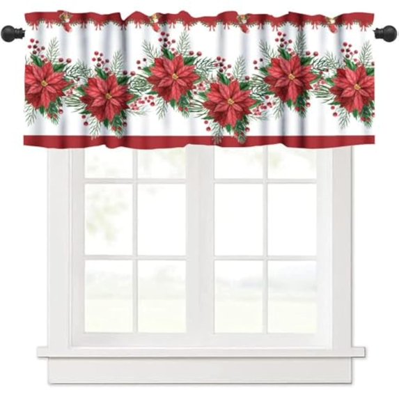 Christmas Poinsettia Valance Curtains Red Blooming Flowers Green Leaves Watercolor Vintage Art Printed Rod Pocket Curtain Valance for Kitchen Bedroom Living Room Decor 1 Panel W54xL18 inch