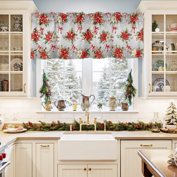 Christmas Poinsettia Valances for Windows,Kitchen Valance Rod Pocket Short Curtain 42x12in, Winter Holly Berry Bow Gray Gradient Valance Curtain Window Valances for Bedroom Bathroom Living Room