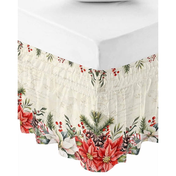 Christmas Poinsettia Wrap Around Bed Skirts for Queen Bed 18" Drop,Bed Skirt with Adjustable Elastic Belt Bedroom Dust Ruffle Bed Valance Hotel Xmas Floral Snowflake Winter Holiday Bed Frame Cover