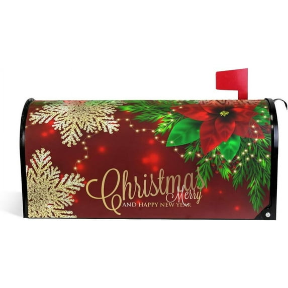 Christmas Poinsettia and Snowflakes Magnetic Mailbox Cover Standard Size for Garden Yard Outdoor Decorations-18 x 20.8"