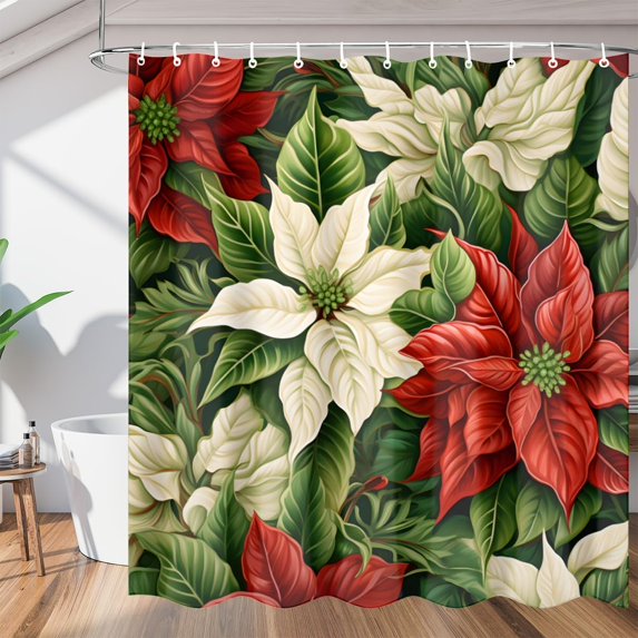 Christmas Poinsettias Fun Shower Curtain for Bathroom Shower Curtain Set with 12 Hooks Waterproof Fabric Bath Curtain for Bathtub Restroom Decor, 72 X 72 in