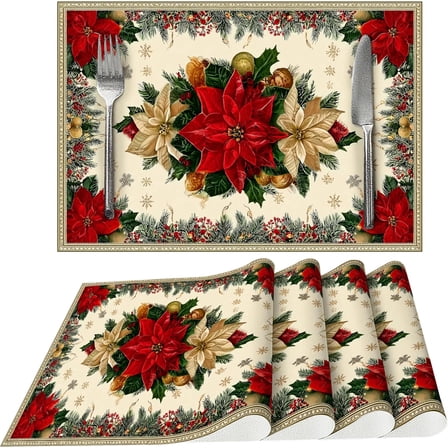 Christmas Poinsettias Placemats Set of 4 Washable Table Place Mats for Dining Kitchen Party Decor