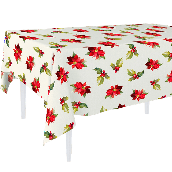 Christmas Poinsettias with Holly Fabric Tablecloth – Festive Holiday Decor, 60" x 84"