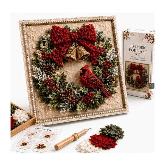 Christmas Poke Art Kit – 3D Fabric Craft with Pre-Cut Squares, No-Sew Punch Tool, Vintage DIY Decor, Multiple Designs