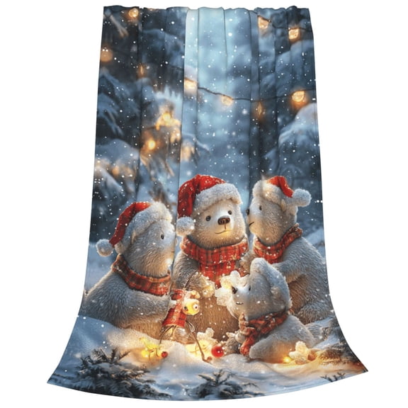 Christmas Polar Bear Family Flannel Throw Blanket - Winter Holiday Snow Scene Fleece for Couch Bed, Festive Decor -50x40