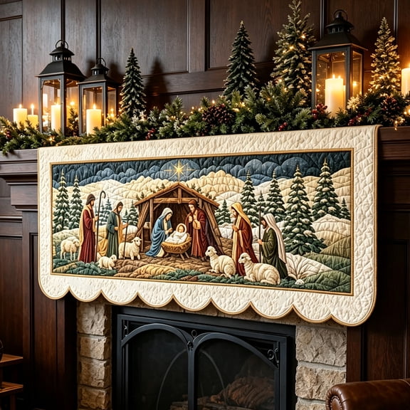Christmas Polyester Nativity Mantel Scarf, Quilted Holiday Table Runner for Fireplace Mantel Home Decor, Cozy Traditional Gift Idea, 74.8in