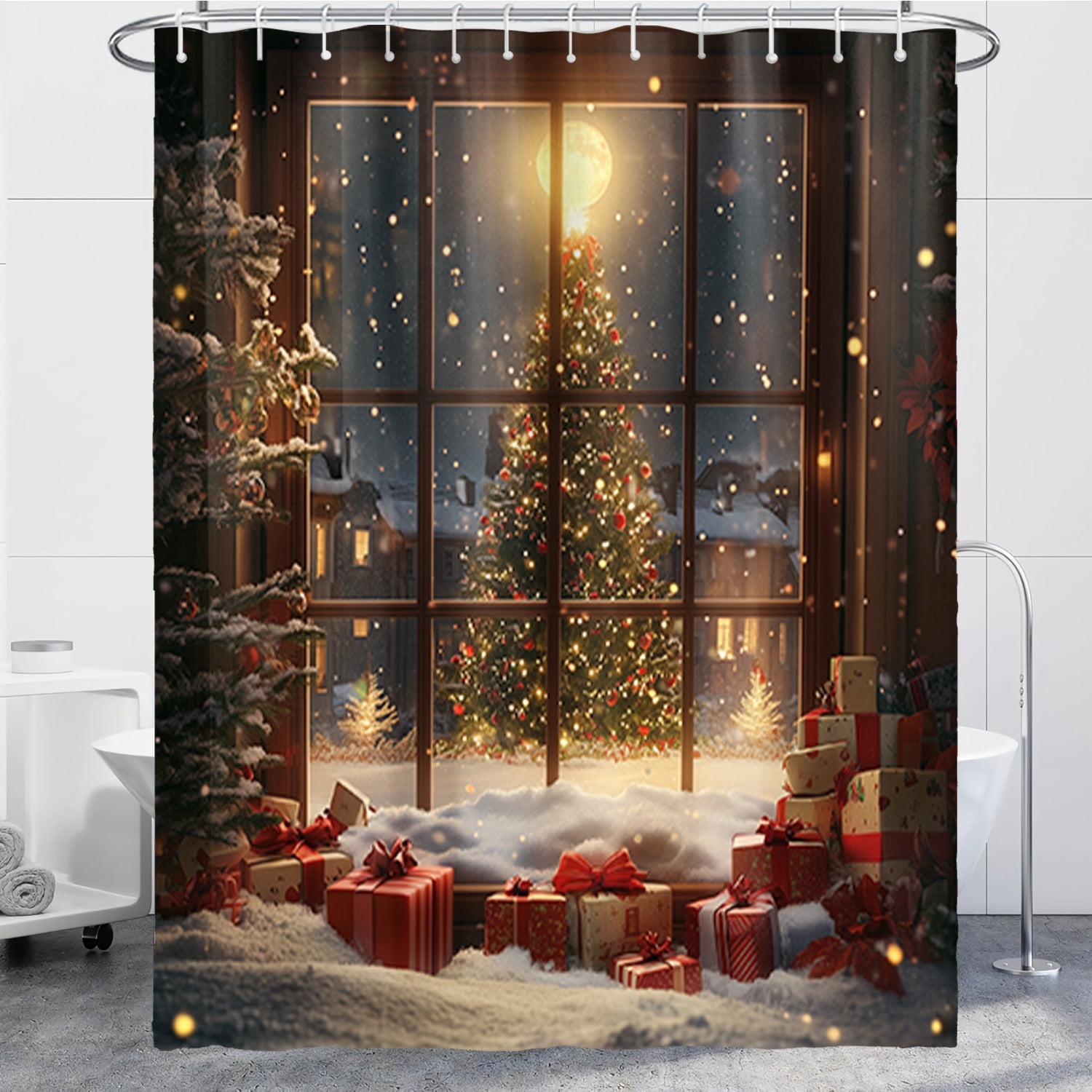 Christmas Polyester Shower Curtain for Bathroom Decor, Festive Tree and Gifts Design, Cozy Holiday Theme Accessories for Home Decoration with 12 Hooks