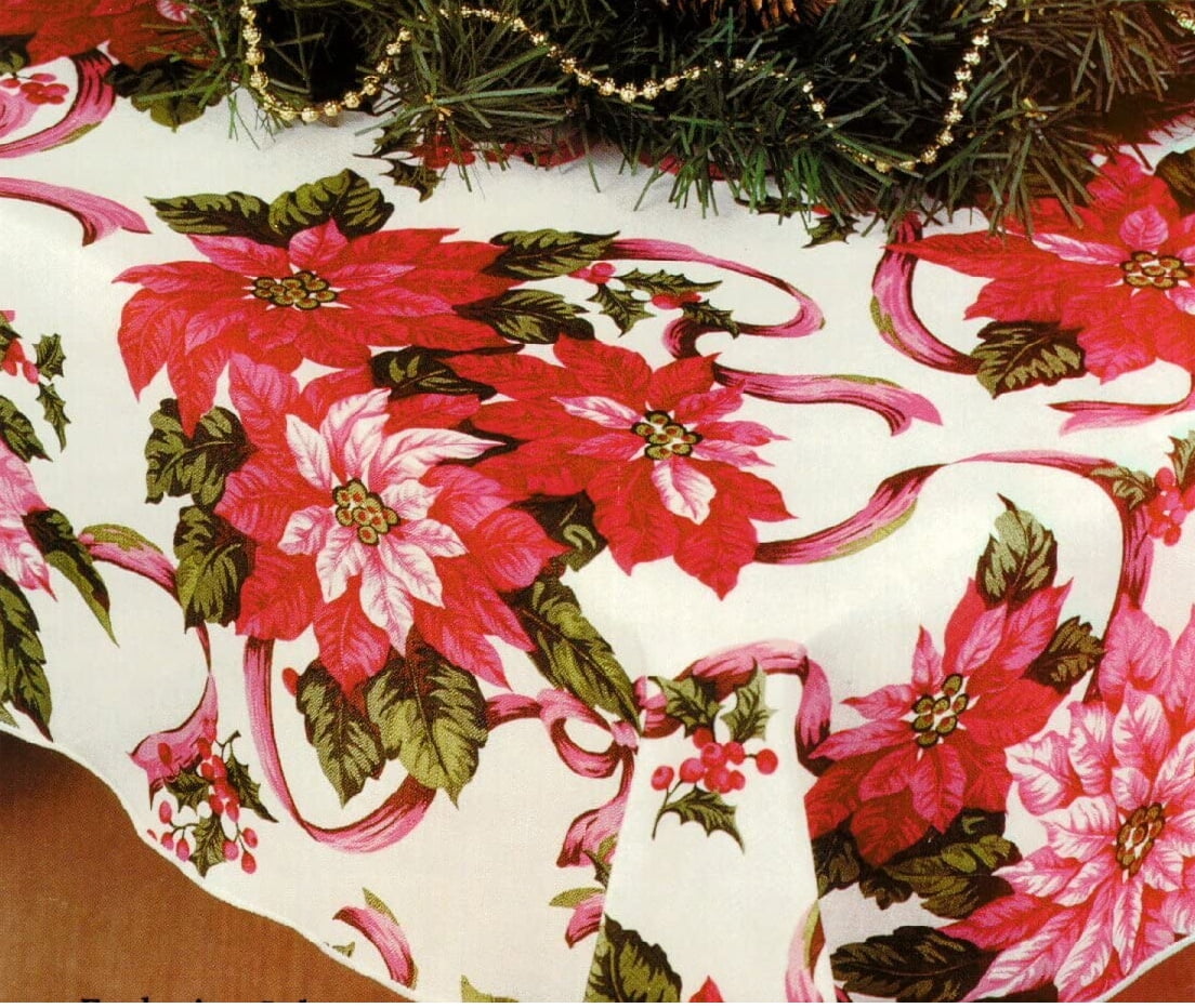 Christmas Tablecloth 100% Polyester Cloth features Blooming Poinsettias ...