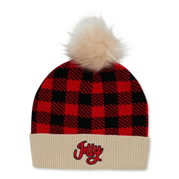 Christmas Pom Pom Beanie Joy Red Plaid