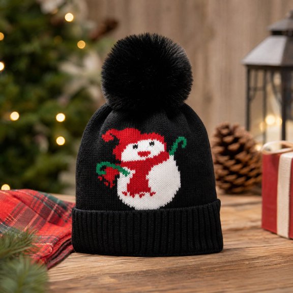 Christmas Pom-Pom Knit Beanie, Snowman Design Ribbed Cuff Winter Hat, Unisex Warm Christmas Party Accessory