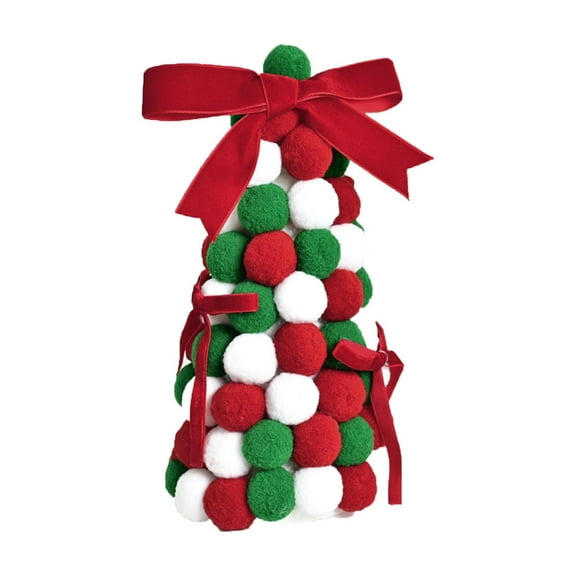 Christmas Pom Pom Tree Decoration, Red Green White Christmas Decorations Holiday Centerpiece with Ribbon Bow, Festive Home Decor for Winter Parties, Offices, and Mantels