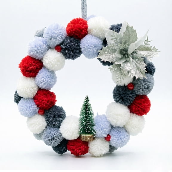 Christmas Pom Pom Wreath - Fuzzy Ball Front Door Hanger with Mini Tree and Glitter Holly for Holiday Wall Display