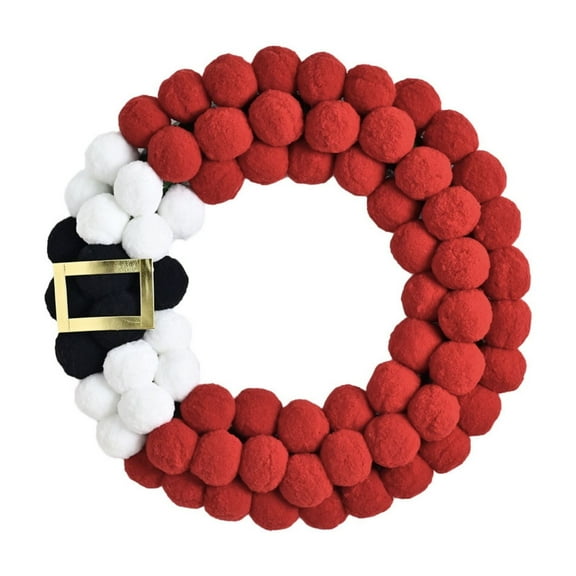 Christmas Pom Pom Wreath with Santa Belt - 14 Inch Red and White Plush Felt Holiday Door Decoration for Front Door, Window, Fireplace, Wall, Indoor Festive Party Decor