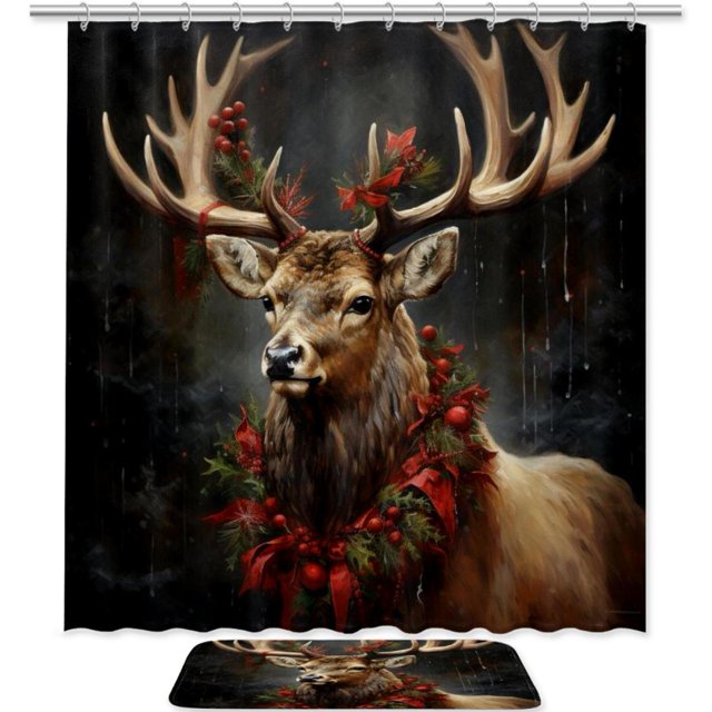 Christmas Pongee Shower and Polyester Floor Mat Bathroom Set