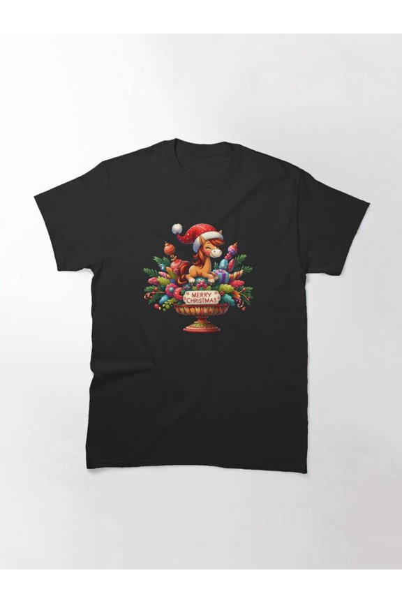 Christmas Pony Father Christmas Hat Merry Winter Holiday Animal Design Unisex T-Shirt up to Size 5XL