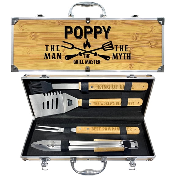 Christmas Poppy Gifts from Grandkids, Heavy Duty Wooden BBQ Grilling Accessories Kit for Backyard, Poppy Thick Stainless Steel Grill Utensils with Non-Slip Handle Tools in Portable Bag Birthday Y101