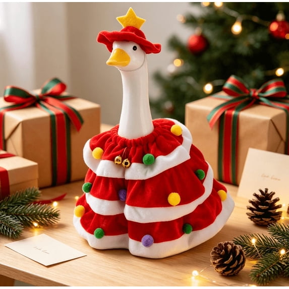 Christmas Porch Goose Outfit,Cute Holiday Porch Goose Dress‑Up, Red Christmas Tree‑Shape Plush Costume with Star Hat for 23" Outdoor Lawn Goose Statue Decor