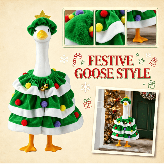 Christmas Porch Goose Outfit Holiday Costume with Green Tree Skirt and Santa Hat for Concrete Goose Clothes Outdoor Garden Statue Decor Accessories