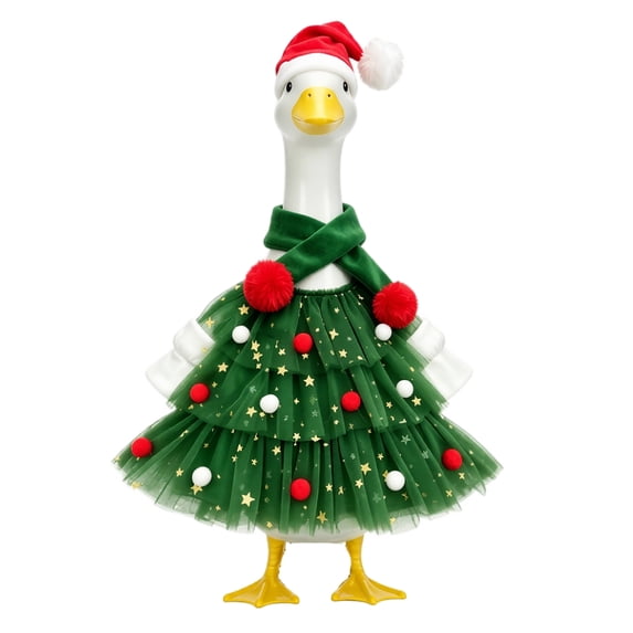 Christmas Porch Goose Outfit, Porch Geese Costume | Christmas Tree Tulle Dress with Santa Hat & Scarf, Decor Clothes for Lawn Goose Statue, Farm Yard Outdoor Christmas Decor, Green