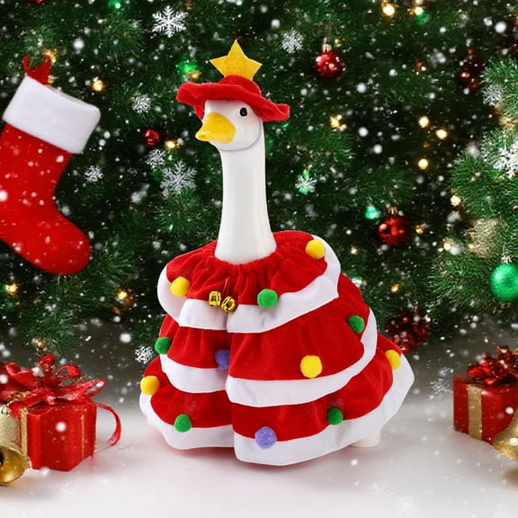 Christmas Porch Goose Outfit - Red & Green Tree Costume with Hat, Bells & Pom - Poms, Funny Festive Clothes for Outdoor Lawn Decor