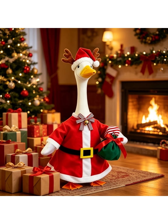 Christmas Porch Goose Outfit Santa Suit Reindeer Hat and Gift Bag Set for 23" Goose Statue Fireplace Living Room Winter Decor