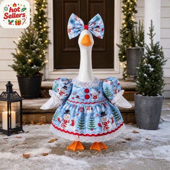 Christmas Porch Goose Outfit Snowman Blue Dress with Lace Trim and Bow for 23 Inch Statue Holiday Yard Decor, Soft Polyester Fabric, Cute Winter Theme Garden Decoration