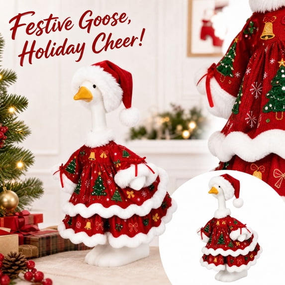Christmas Porch Goose Outfit for 23 Inch Statue Xmas Lawn Porch Goose Clothes Red Velvet Cape Dress Costume Holiday Patio Decor