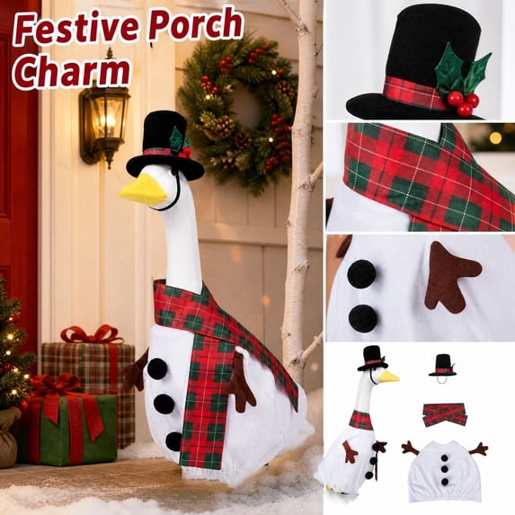 Christmas Porch Goose Outfits, Snowman Design Christmas Goose Clothes Set, Cute Christmas Goose Costume for 23" Geese Statue Outdoor Patio Lawn Yard Decoration