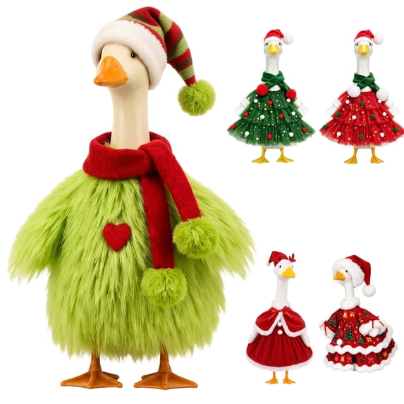 Christmas Porch Goose Outfits,Xmas Green Fuzzy Goose Clothing,Outdoor Porch Goose Costume For Garden Statue Holiday Christmas Decorations