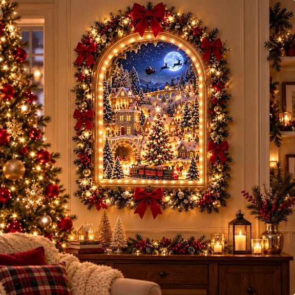 Christmas Portal Animated Christmas Village,Lighted Holiday Wall Decor with Snowy Rooftops and Santa Sleigh,Festive Accent for Living Room Display