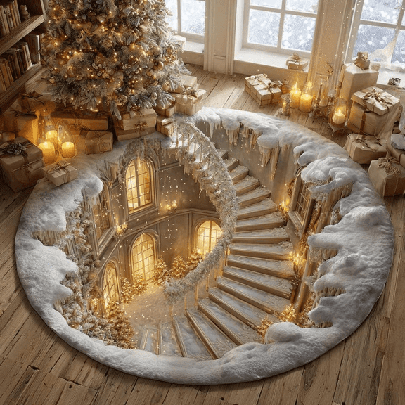 Christmas Portal Round Rug, Winter Wonderland Staircase Illusion Floor Mat