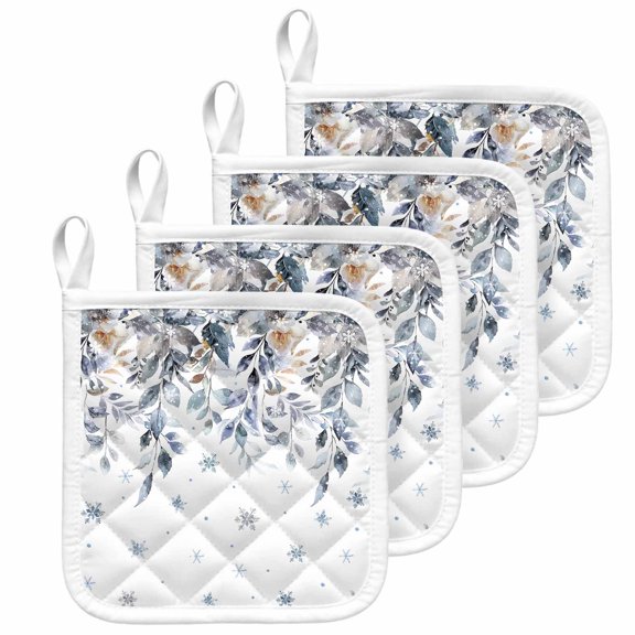 Christmas Pot Holders for Kitchen Heat Insulation Potholder, Blue Poinsettia Eucalyptus Snowflake Winter Kitchen Pot Holders Sets Washable Oven Hot Pads Cloth Trivet for Cooking Baking 4 Pack
