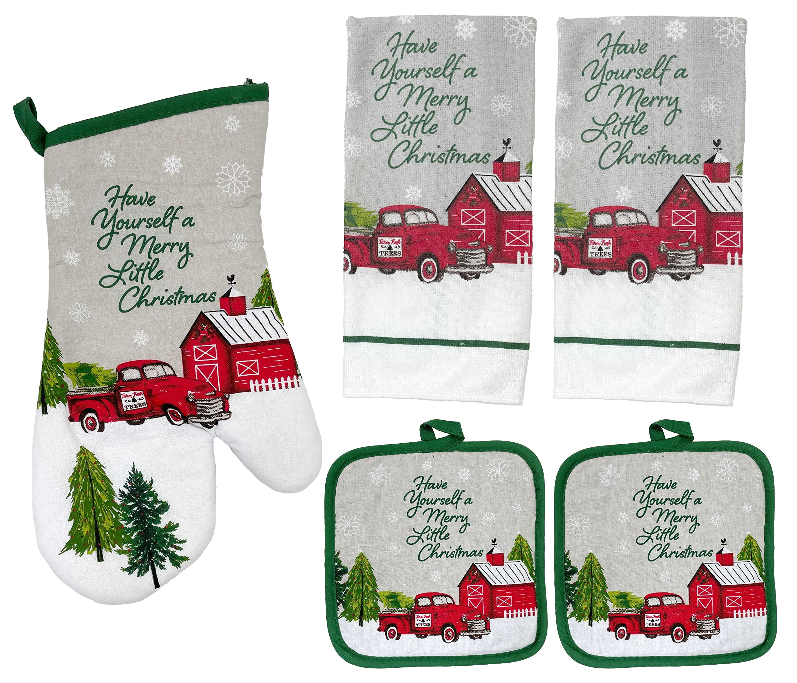 Christmas Pot Holders with Oven Mitt and Christmas Kitchen Towels Sets (Red Truck Design), Christmas Oven Mitts, Pot Holders and Oven Mitts Sets, Christmas Oven Mitts and Pot Holders C47