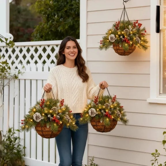 Christmas Pre-Lit Artificial Christmas Hanging Basket, Lush Faux Pine and Red Berries in Woven Base, Large Indoor Outdoor Hanging Basket for Maintenance Free Winter Charm