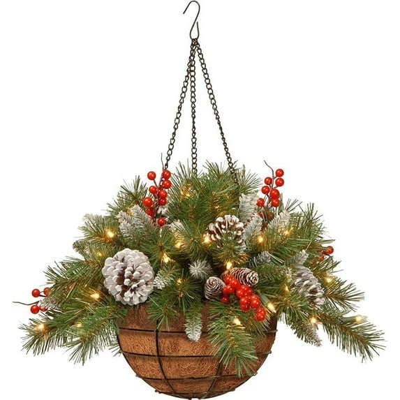 Christmas Pre-Lit Hanging Baskets for Outdoors - 15.8 Inch Winter Hanging Christmas Baskets with Lights - Artificial Xmas Basket Outdoor Decorations with Pine Cones and Berries (1pc)