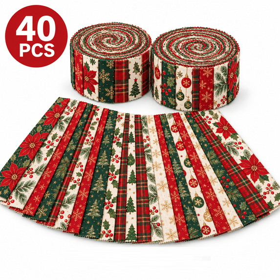 Christmas Precut Fabric Strips, 40pc Snowflake Poinsettia Plaid Fabric for DIY Quilting and Sewing, 2.56 x 39.37 in Craft Kit