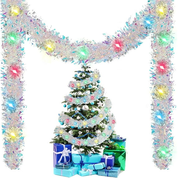 Christmas Prelit Tinsel Garland, 6.6 Ft Hanging Garland with Multicolored Battery Operated LED String Lights, Christmas Tree Decorations Wedding Party Supplies