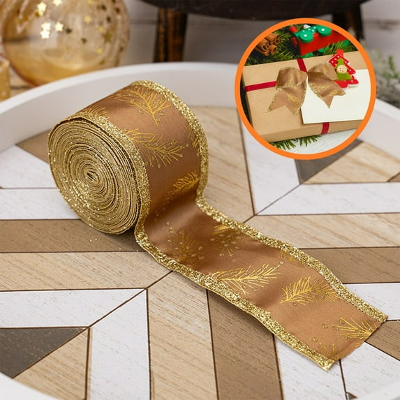 Christmas Present Decorating Wreath Bow Wedding Party Wrap Ribbon with Gold Edge Christmas Tree Design