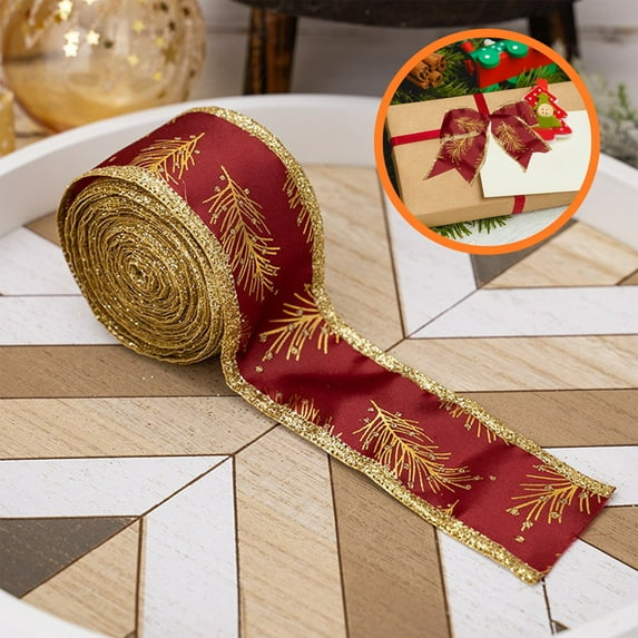Christmas Present Decorating Wreath Bow Wedding Party Wrap Ribbon with Gold Edge Christmas Tree Design