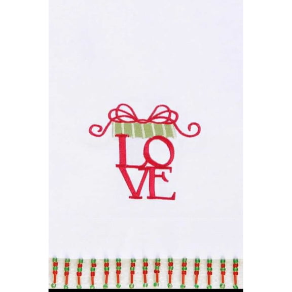 Christmas Present "Love " Embroidered 100% Cotton Beaded Guest DishDishtowel