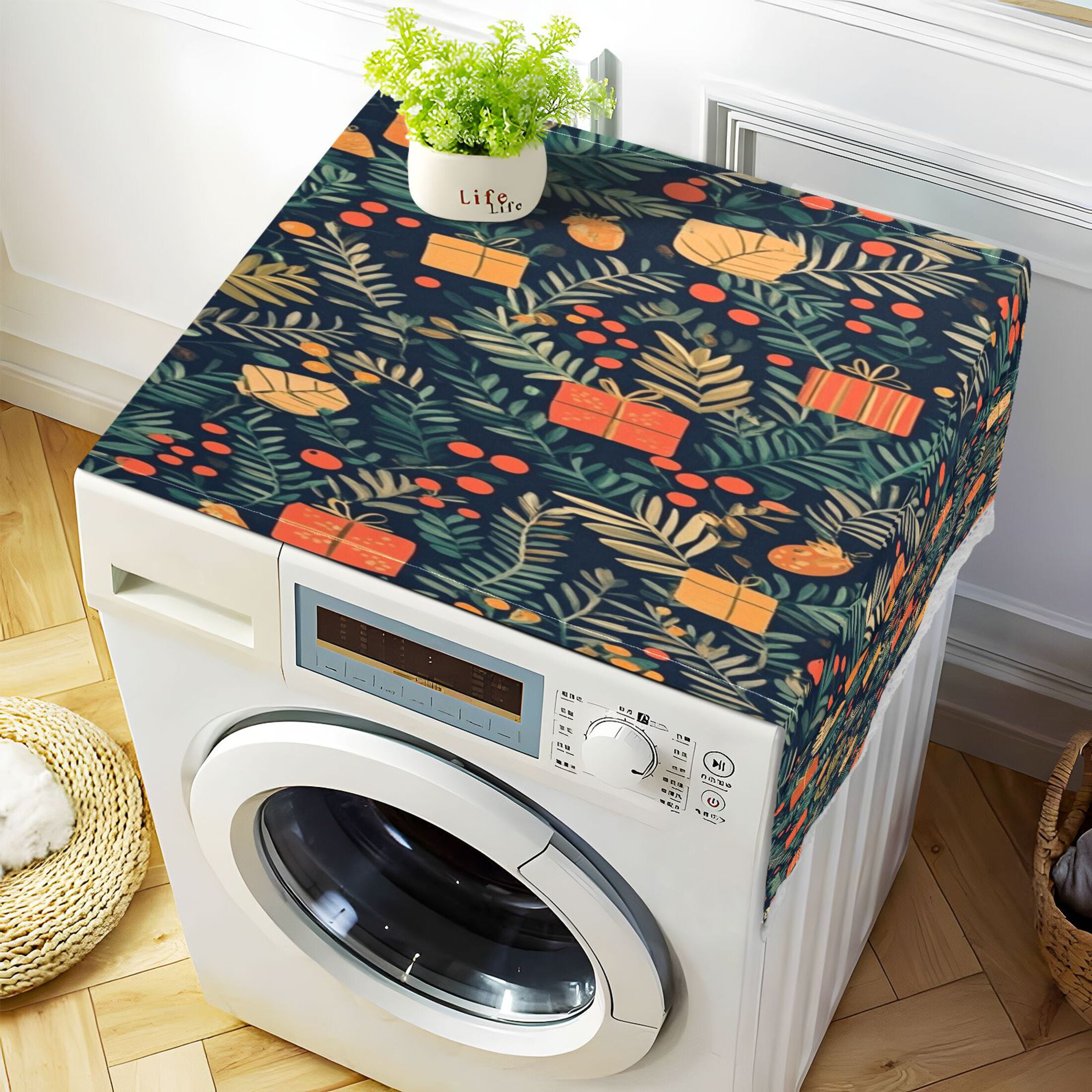 Christmas Present PatternWasher and Dryer Covers Dust-Proof and Oil Resistant Fridge Cover with 4 Storage Pockets Washing Machine Top Cover for Laundry Kitchen Home 51.2 x 22 In