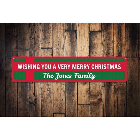 Christmas Present Sign Custom Wishing You A Very Merry Christmas Sign Family Name Sign Metal Holiday Sign - Holiday Sign - Size: 16 x 4 Inches