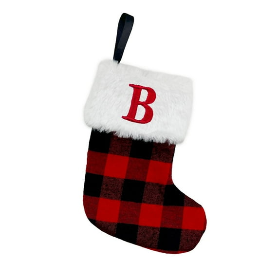 Christmas Present Sock, 26 Lettering Initials Large Embroidered Letter Knit Red Black Buffalo Plaid Christmas Stocking Gift Container Decorative Bag (B)