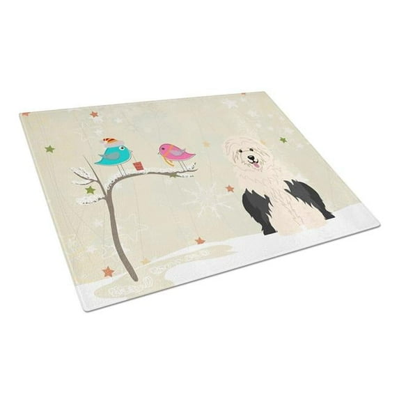 Christmas Presents Between Friends Old English Sheepdog Glass Cutting Board - Large