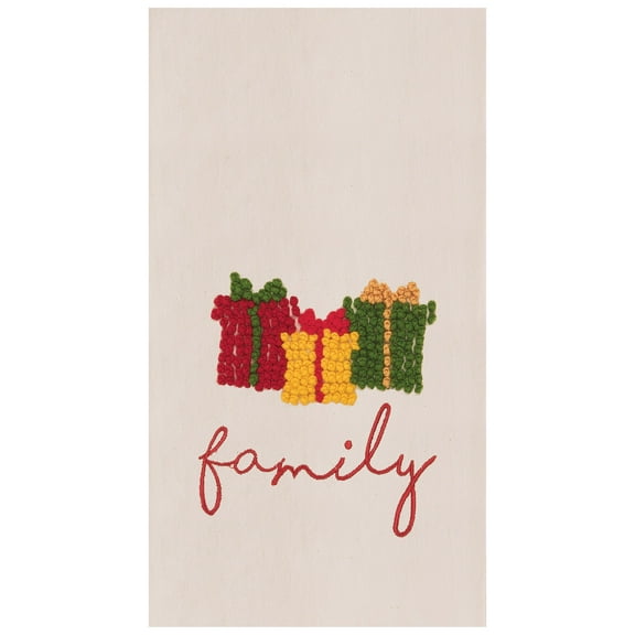 Christmas Presents "Family" French Knot Embroidered Cotton Beaded Guest Dishtowel